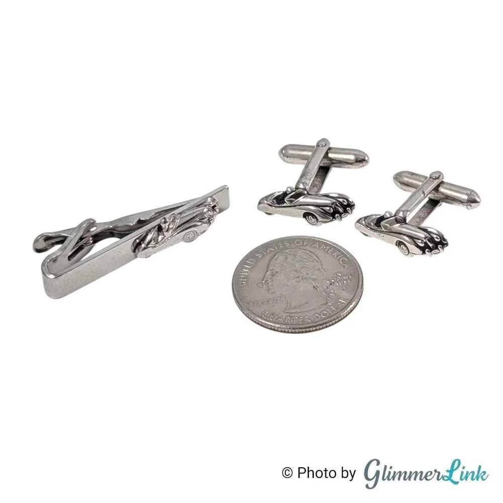Swank Vintage Silver Tone Car Cufflinks and Tie Bar Set Automobile Design, 1960s